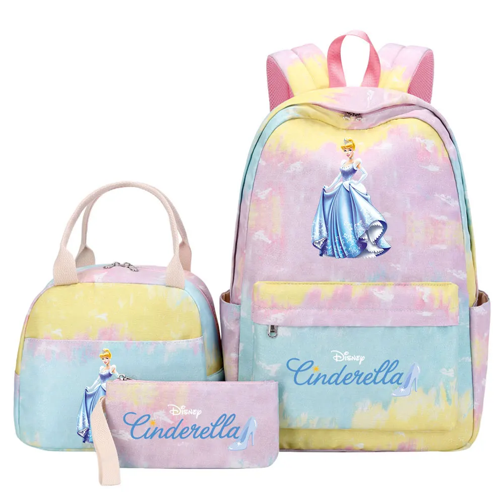 Cinderella Princess Girl Kids Pen Lunch Bags Rainbow Galaxy Bookbag 3Pcs Teenagers Schoolbags Travel Laptop Backpack