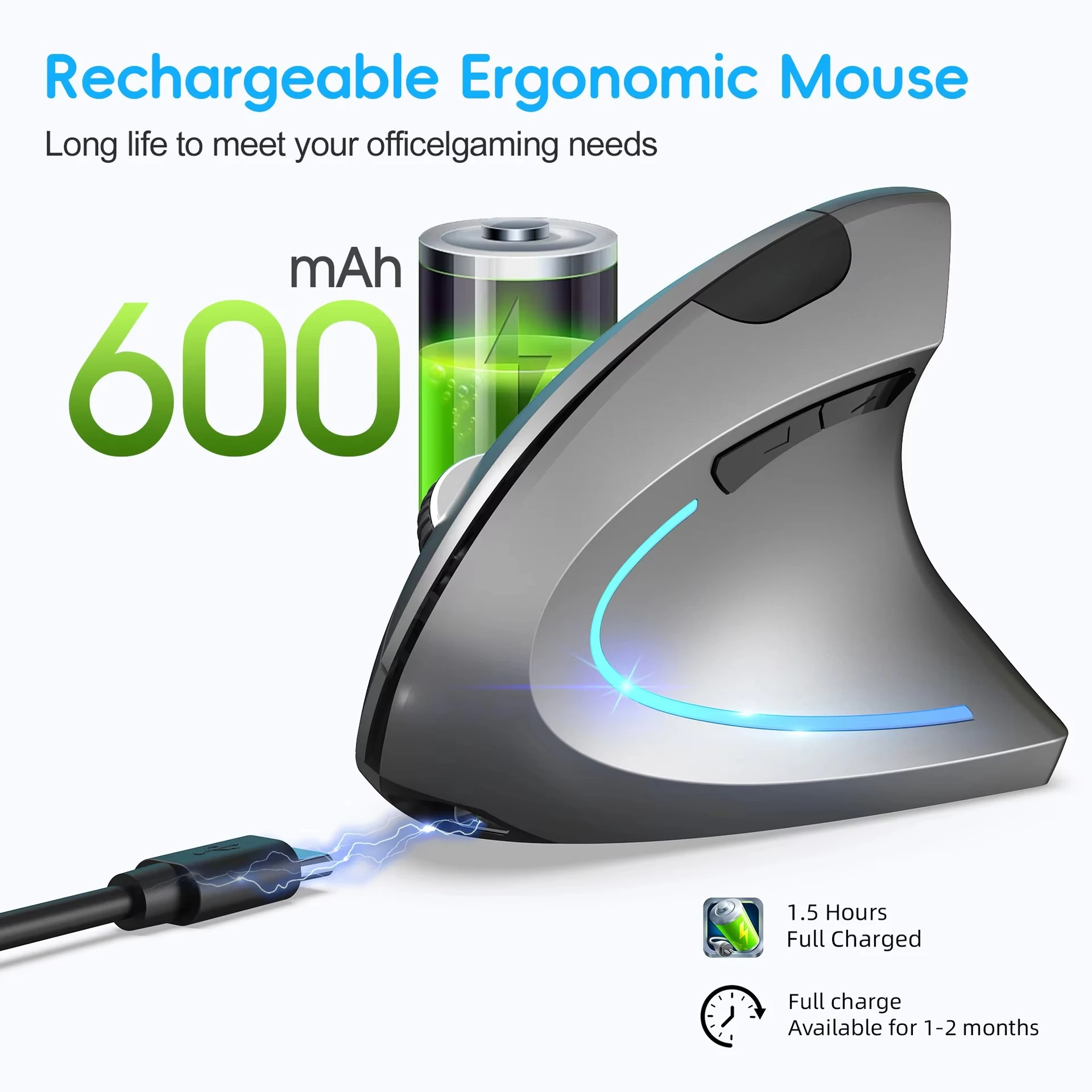 Vertikale ergonomische kabellose wiederaufladbare Gaming-Maus (optisch, 2,4 GHz) für Computer, PC, Laptop und Desktop (USB)_voghion.com