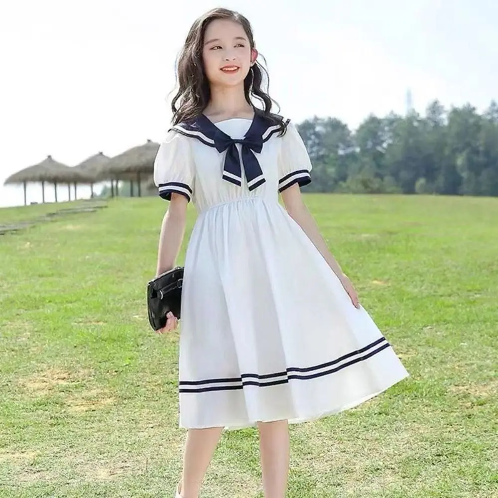 Elegant Bow Girls Preppy Style Dress Pleated Teenagers Summer Kids Dresses Party Beach Vacation Children Princess Dress Students