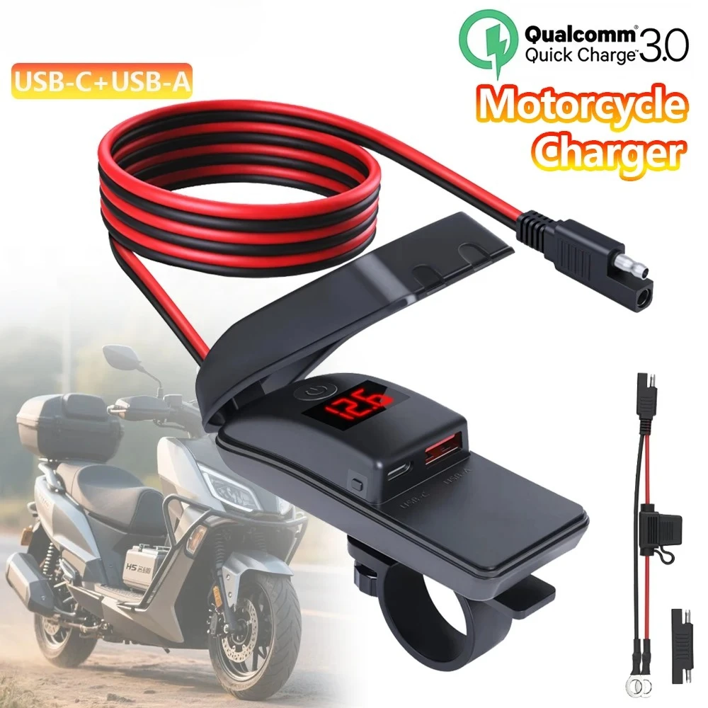 

Extractme Motorcycle Charger Type-C Fast Charger Power Adapter Dual USB QC3.0 Socket with Switch Waterproof Digital Voltmeter