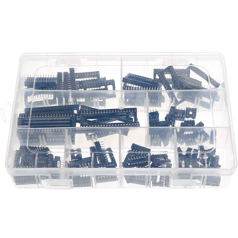 100 Stuks 2.54Mm Pitch Dip Ic Sockets Solder Type Adapter Assortiment Kit Doos 6p8p14p16p18p24p28p40 Pin