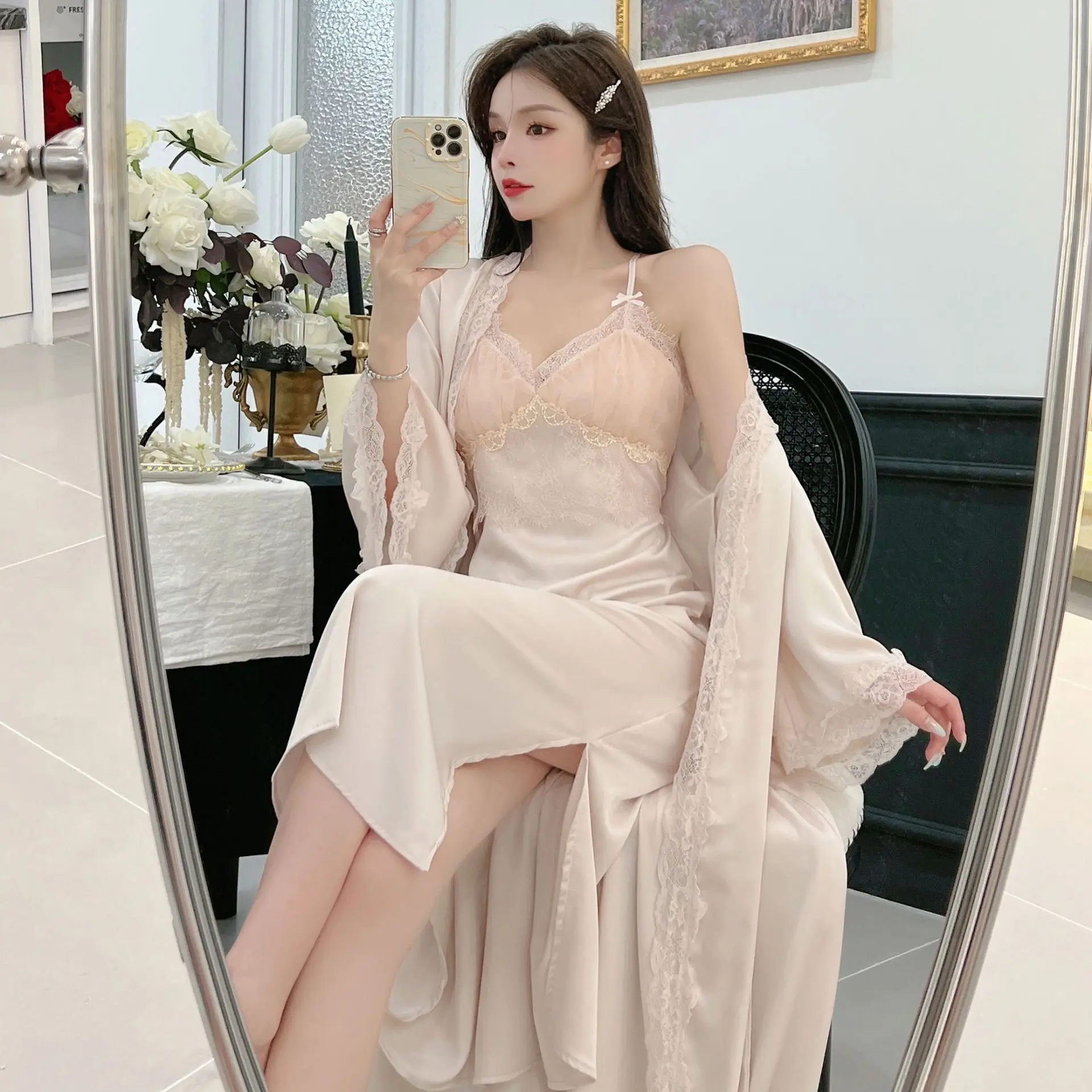 

Women Sleepwear 2PCS Patchwork Lace Long Sleeve Belted Robe Nightgown V Neck Slip Night Dress Sexy Elegant Women Pajamas Sets