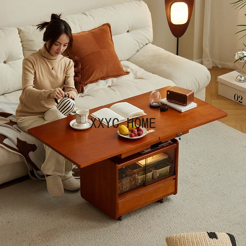 Solid Wood Lifting and Foldable Coffee Table Movable Side Table Trolley Tea Table Side Cabinet Multi-Function with Wheels image 3