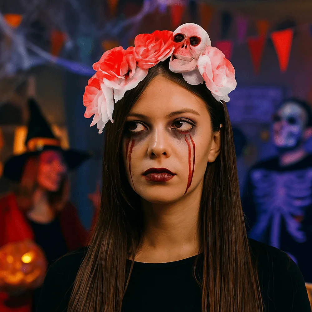 

Exaggerated Skull Head Headband Simulation Flower Halloween Decor Halloween Hair Hoop Funny Colorful Gothic Flower Hairband