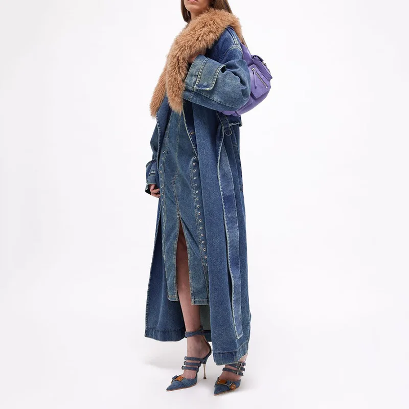 Temperament long denim Trench coat Winter new high-end design detachable fur collar over the knee coat