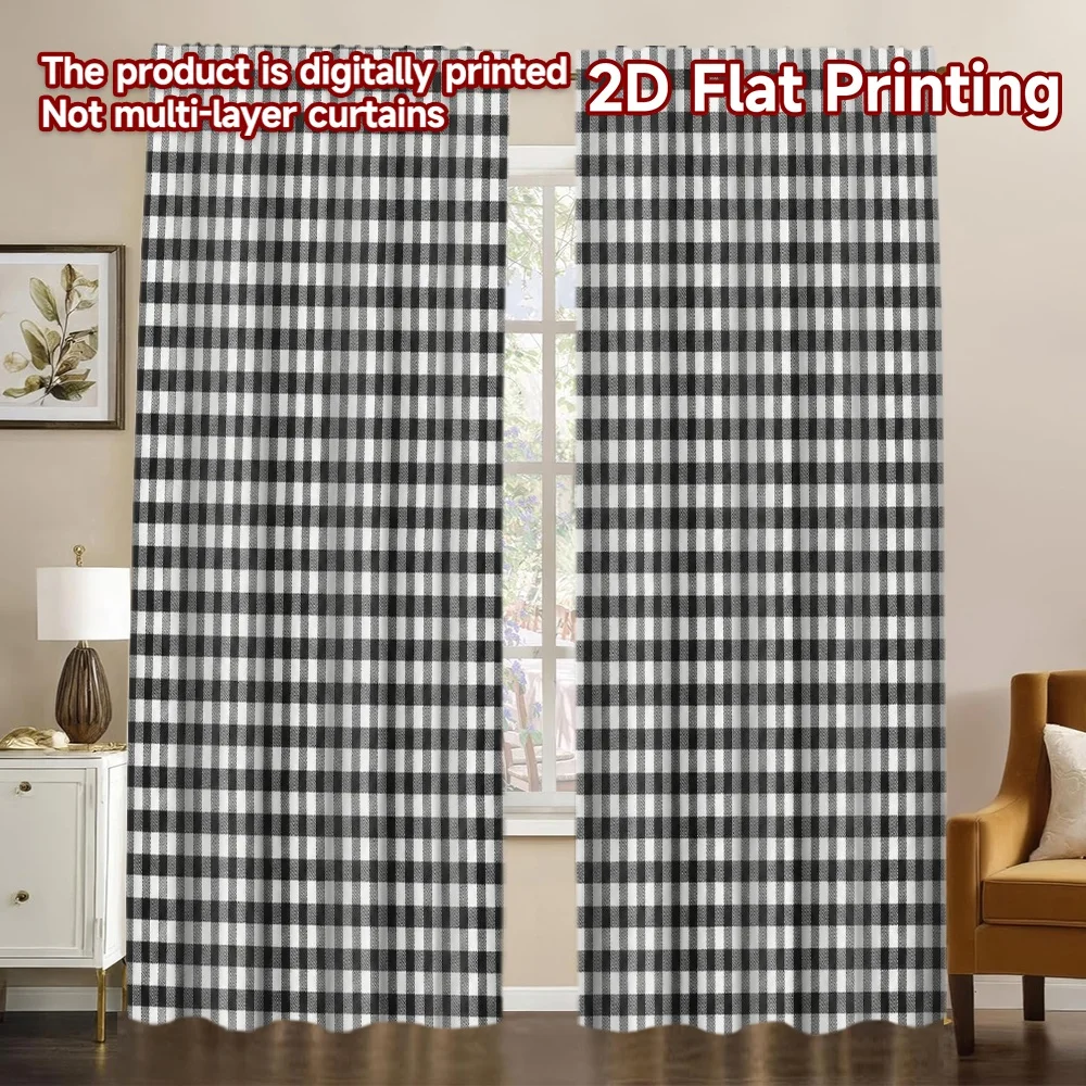 2D FLAT PRINTING 2pcs Curtains (Without Rod) Black and White Checks Print Chic Curtains Versatile 100% Polyester Curtains Easter