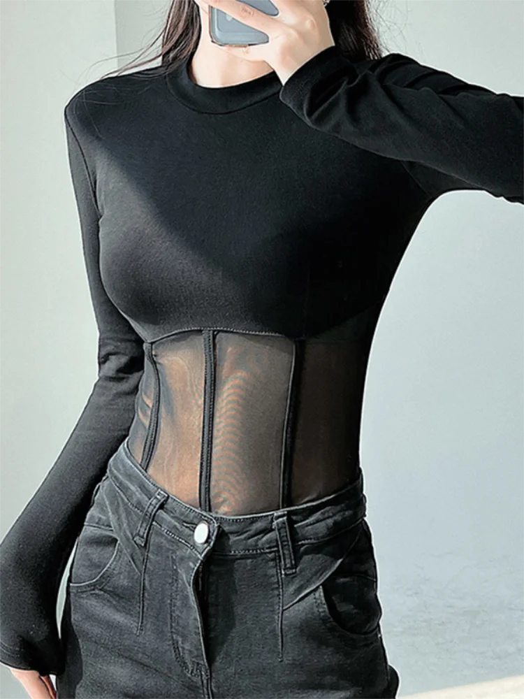 

Осенний узкий короткий топ, сексуальный дизайн, сетчатая футболка с длинными рукавами, черный базовый женский укороченный топ, модный