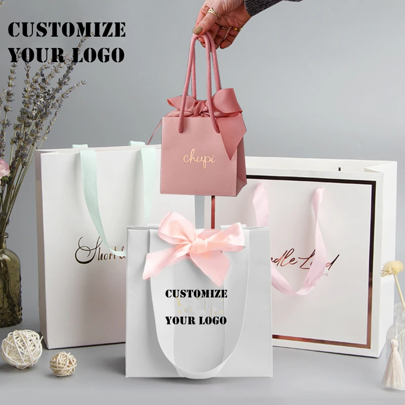 100Pcs/Batch Multicolor Kraft Paper Custom Logo Printing Jewelry Bag Clothing Shopping Bag Storage Bag Bow Tie With Handle