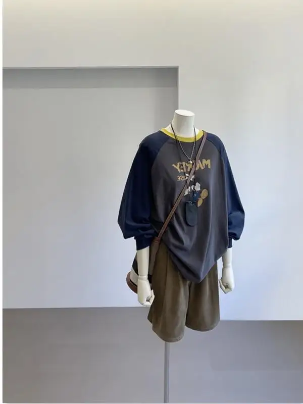 

Retro American Mickey Print Color Block Long Sleeve round Neck T-Shirt Women's Oversized Loose Top for Autumn Winter