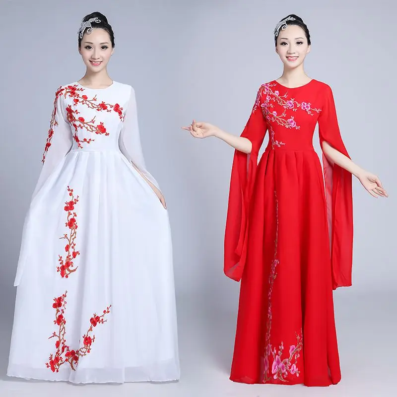 Traje chinês hanfu de performance para mulheres, roupas de dança clássica, tamanho grande, saia branca longa, plus size, mangas elegantes para água