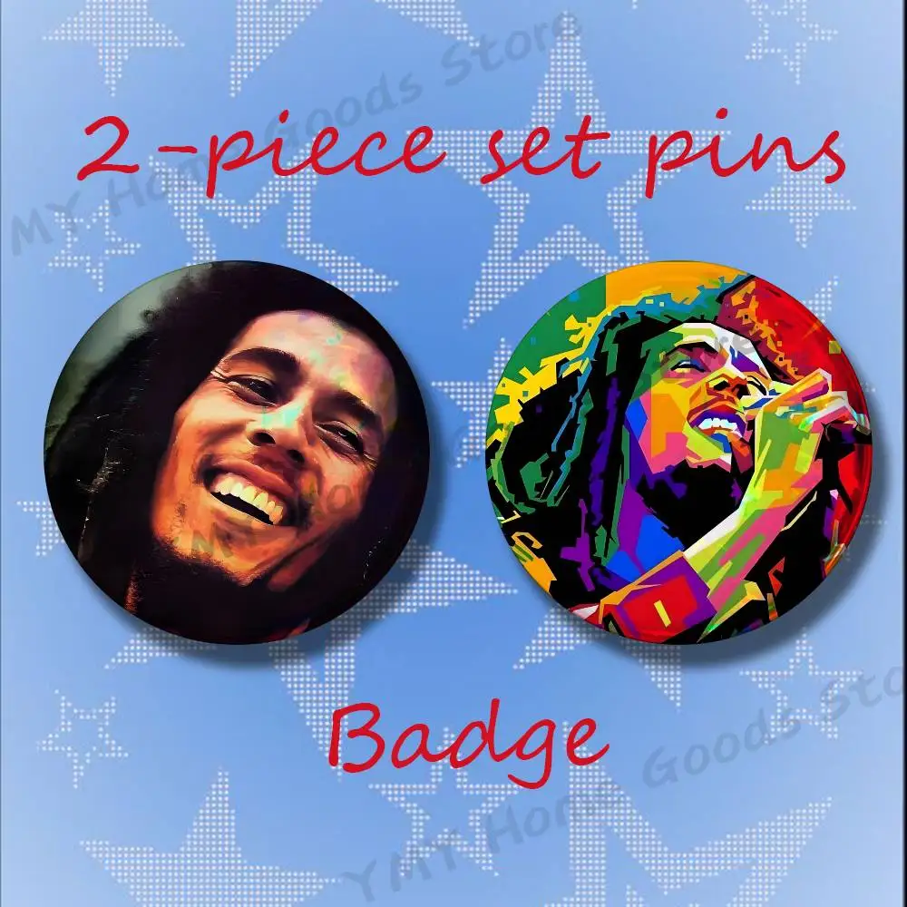 Musician Bob M-Marley Rasta Lion Reggae King Brooches for Backpack Accessories 25 32 44 58 75mm Round 2-piece set Free Mix
