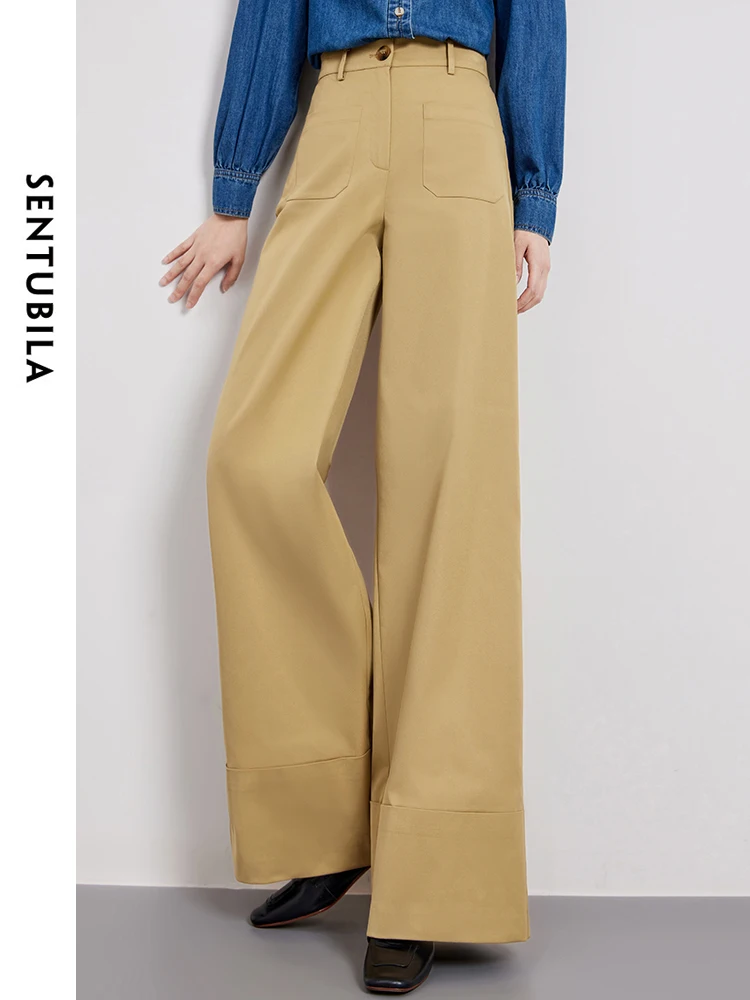 SENTUBILA Khaki High Waist Casual Baggy Pant 2025 Spring Length Wide Leg Trousers Straight Loose Pants for Woman 141K52834