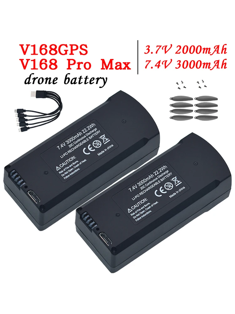 2 szt. Oryginalna bateria Lipo V168 Pro Max 7.4V 3000mAh, pasuje do V168 V198 GPS 8K 3.7V 2000mAh, zapasowa bateria do ładowania drona — 2