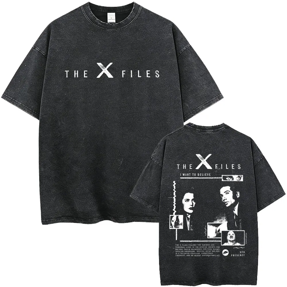 Washed Vintage Movie The X Files I Want To Believe Graphic T-shirt Men's Women Cotton Casual Retro T Shirts Oversized Streetwear
