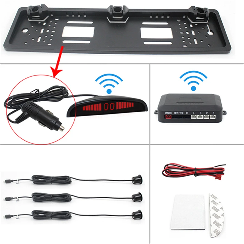 

LED Reversing Radar Vehicle European License Car Parking System with 3 Ultrasonic Sensor on EU Plate Frame The new listing