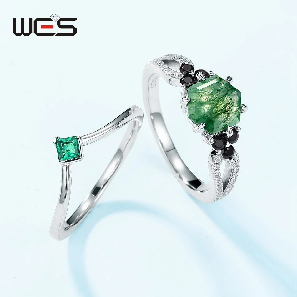 WES 925 Sterling Zilveren Ring Set voor Vrouw Ingelegd Unieke Natuurlijke Mos Agaat 8 * 8mm Huwelijksgeschenken Gecertificeerde Dropshipping Sieraden