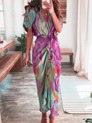 Sexy Irregular Long Dress For Women Fashion V-neck Lace-up Wrinkled Buttoned Dress Elegant Short Sleeves Clothing Ropa De Mujer