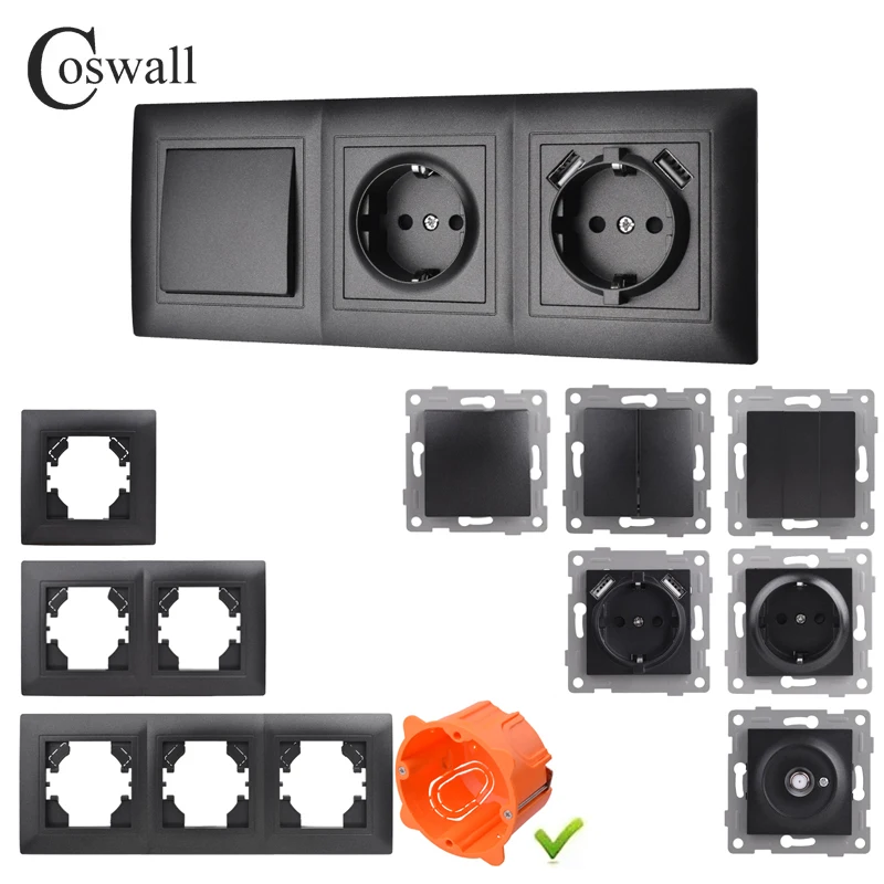 COSWALL H Series Plastic Panel Black Wall Rocker Switch EU Schuko Socket USB Type-A & C Charger Internet Satellite TV Module DIY