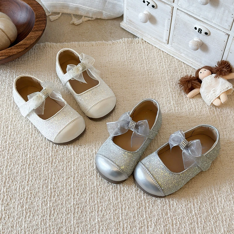 Sparkly Sequins Leather Shoes for Toddler Girls 2026 New Summer Kids Ribbon Bow Mary Jane Flats Soft Sole Simple Princess Party