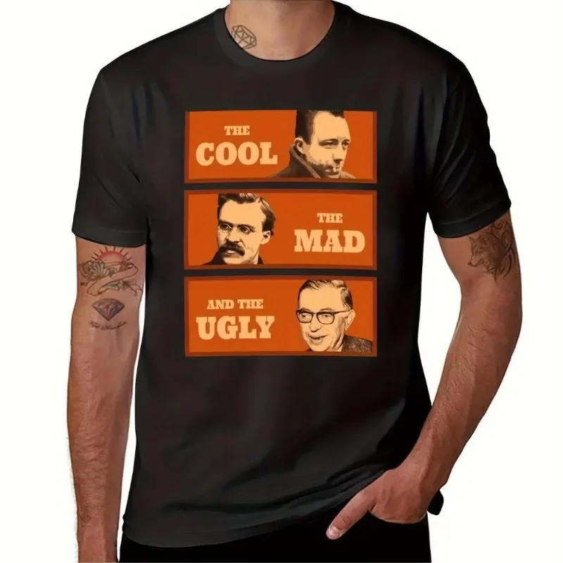 Camiseta de Hombre para Primavera/Verano, Diseño de Camus, Nietzsche y Sartre, Color Negro con Diseño Geométrico de Filosofía en Naranja