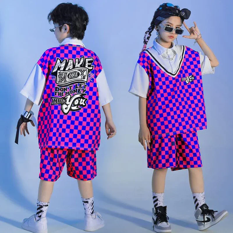 Checkered Lapel T Shirt Top Streetwear Shorts For Girls Boys Kpop Jazz Dance Costume Clothes Teen Hip Hop Clothing Rave Outfits