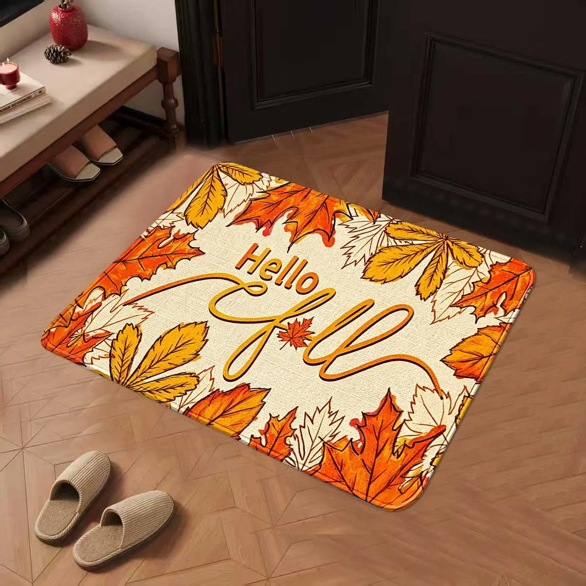 1 orange maple leaf border English square door mat for home autumn harvest, gentle atmosphere decoration mat