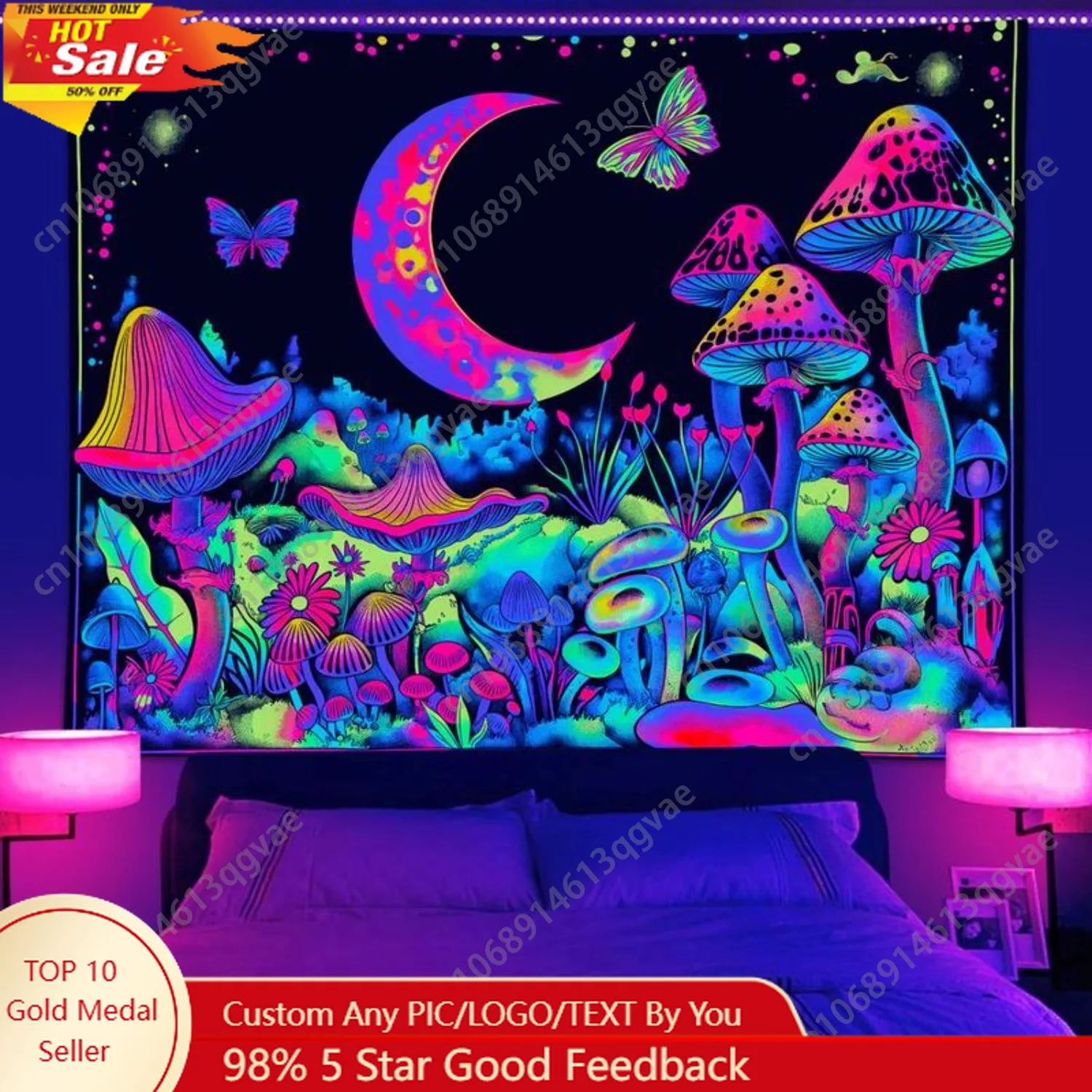 

Mushroom & Moon & Butterfly Pattern Tapestry Reactive Fluorescent Durable Decorative Tapestry Neon Light Custom Decoration