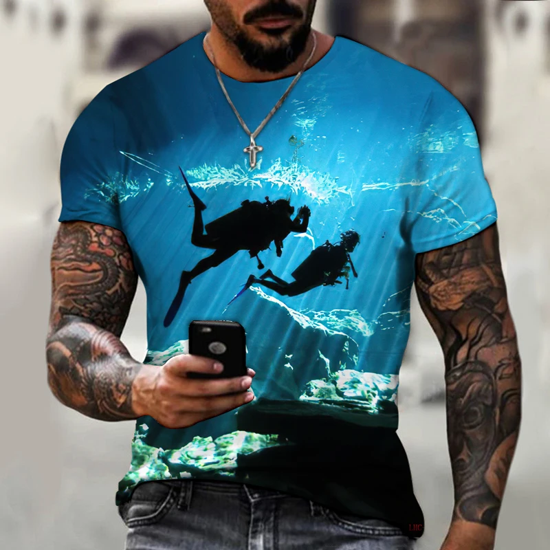 2022 Brand Men's Shirt 3D Printing T-shirt Underwater World Ocean Diving Fish Atlantis Fashion Trend Loose Oversized