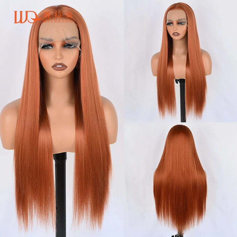 

28Inch Ginger Orange Straight Lace Front Wig 13x4 Glueless Synthetic Heat Resistant Hair 150% Density Natural Hairline for Women