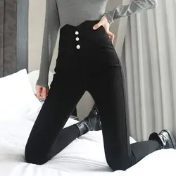 Spring and Autumn Women's 2023 New Patchwork Pockets Button Fashion Solid Color High Waist Elastic Foundation Pencil Pants