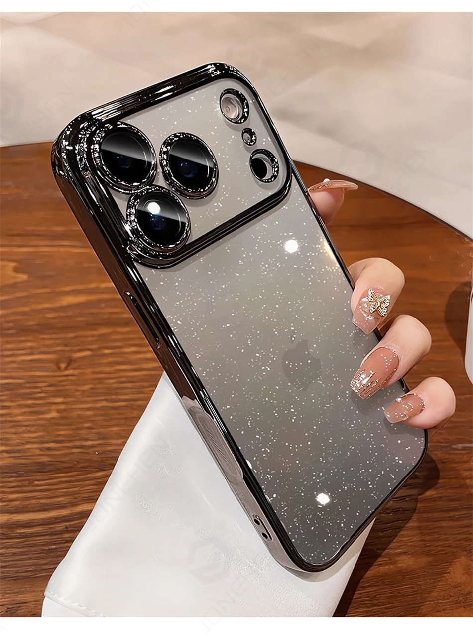 Luxuriöse Transparente Glitzer-Schutzhülle für iPhone 12 13 14 15 16 17 18 Pro Max mit Orangefarbener Beschichtung, Stoßfänger und Hartglas-Objektivabdeckung – Detail 10