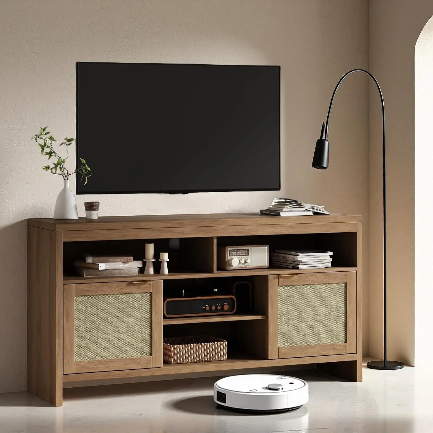 Rattan TV Stand 65 Inch, 58" Boho Entertainment Center with Storage, Wooden Media Console Adjustable Shelves for Living Room Bed