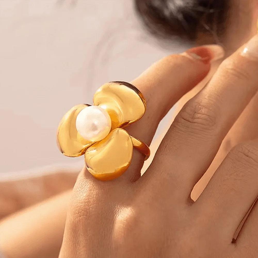 French Vintage Pearl Rings Set for Women 14K Gold Plated Baroque Pearl Ring Twisted Chunky Statement Finger Rings Jewelry Gift view 5