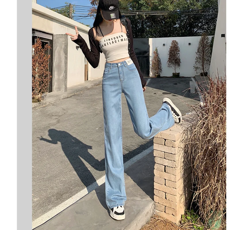 Fashionable and Versatile Blue Jeans for Women in Summer Slim New Style Straight Leg High Waist Floor Length Wide Leg Pants