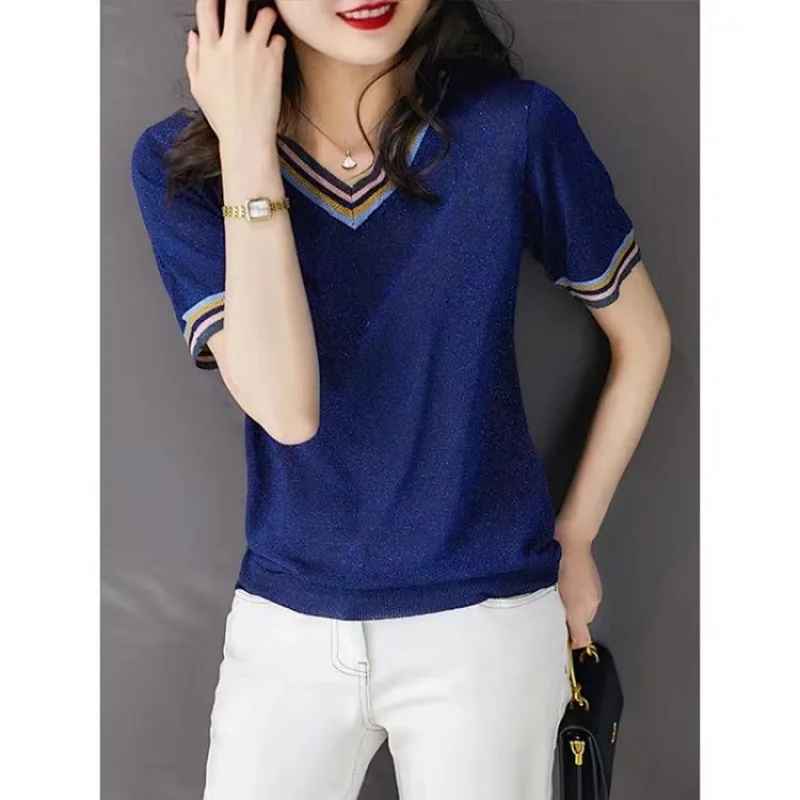 Flash Bright Short Sleeve Contrast Color V-neck Summer New Slimming and Fashionable Ice Silk Sweater Women Wholesale