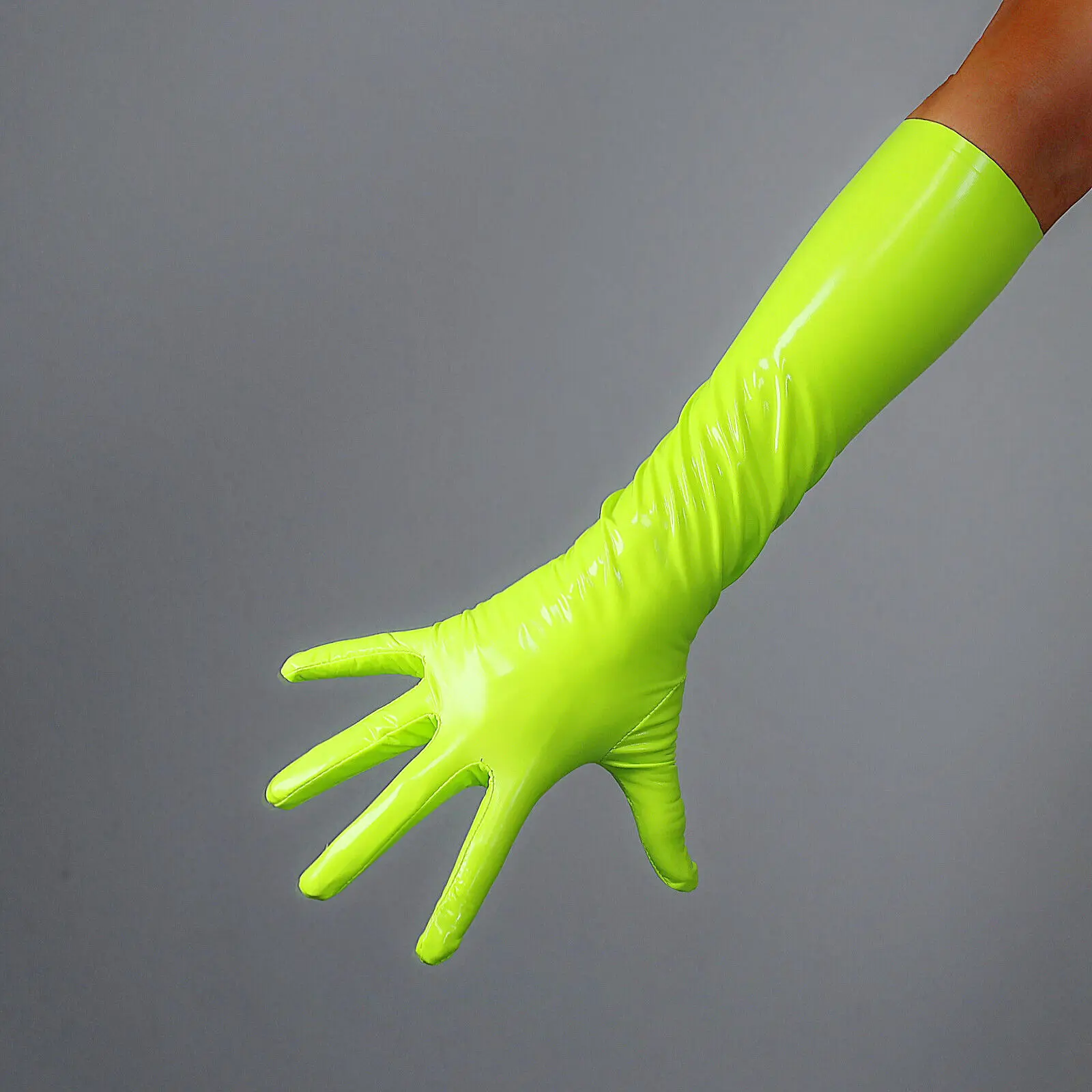 

Lime Fluorescent Yellow GLOVES LATEX Like Rubber Faux Leather 2nd Skin Extra Thin 40cm Elbow Long FITTED Evening Opera Cosplay