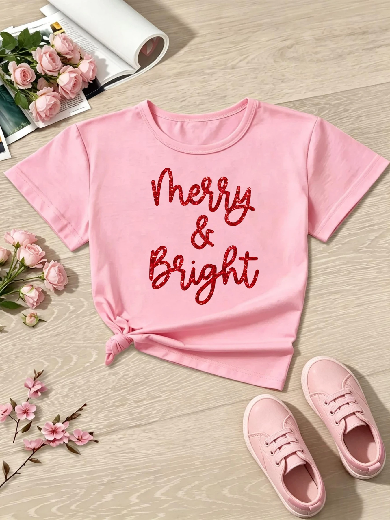 Merry And Bright Letter Printed T Shirt Girls Christmas Gift T-Shirt Funny Kids Clothes