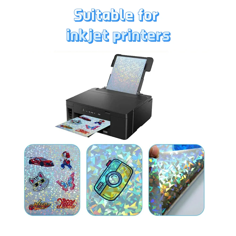 Holografisch bedruckbares Aufkleberpapier für Tintenstrahldrucker, 10 Stück, A4-Vinylaufkleber, wasserfest, Regenbogen-Klebepapier, trocknet schnell