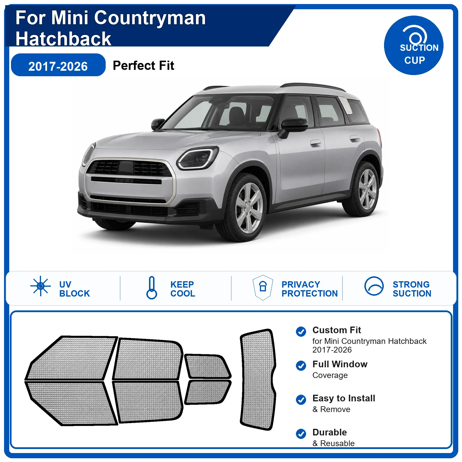 For Mini Countryman Hatchback 2017-2026 Custom Full Set Windshield Sun Shade Aluminum Foil Heat Insulation Anti UV Foldable
