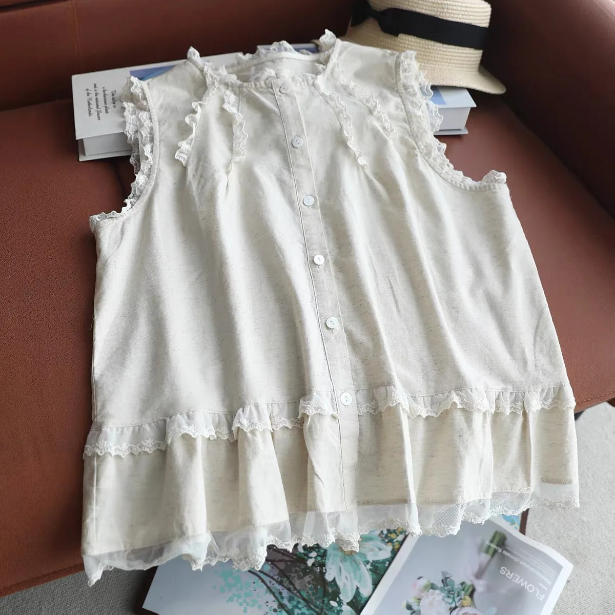 Women Ruffle Lace Sleeveless Tank Top Mori Girl Summer Double Layer Scalloped Lace Trim Linen Cotton Cottagecore Blouse
