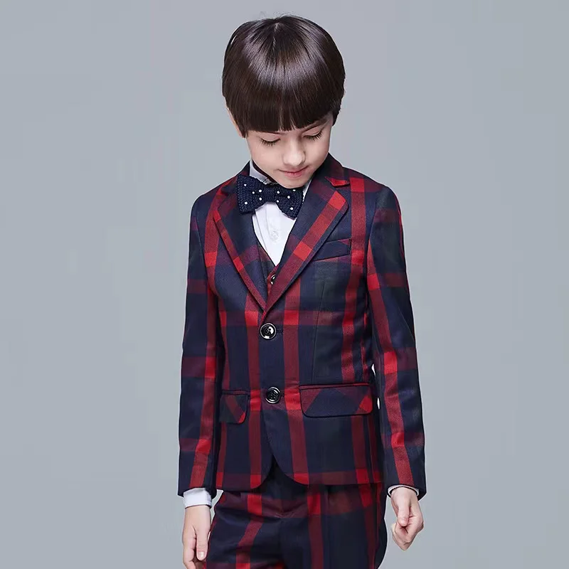 

British Style Children Formal Plaid Suit Kids Blazer Vest Pant Tie Brooch 5PCS For Photography Show Costume Boys Wedding Dress