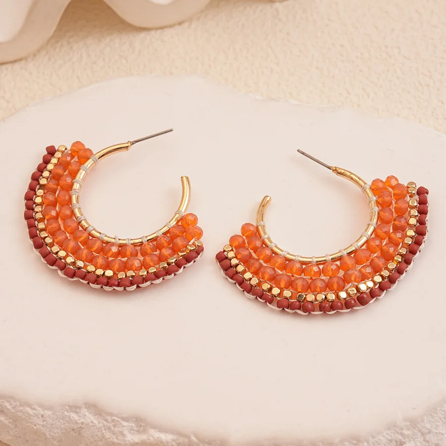 National style glass beads beaded fan-shaped steel needle earrings retro, high-end personality niche earrings women