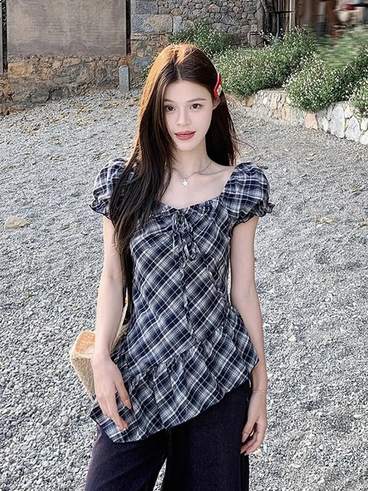 

Retro Square Collar Bubble Sleeve Plaid Short Sleeve Shirt Women Summer Korean Style Irregular Design Sense Top