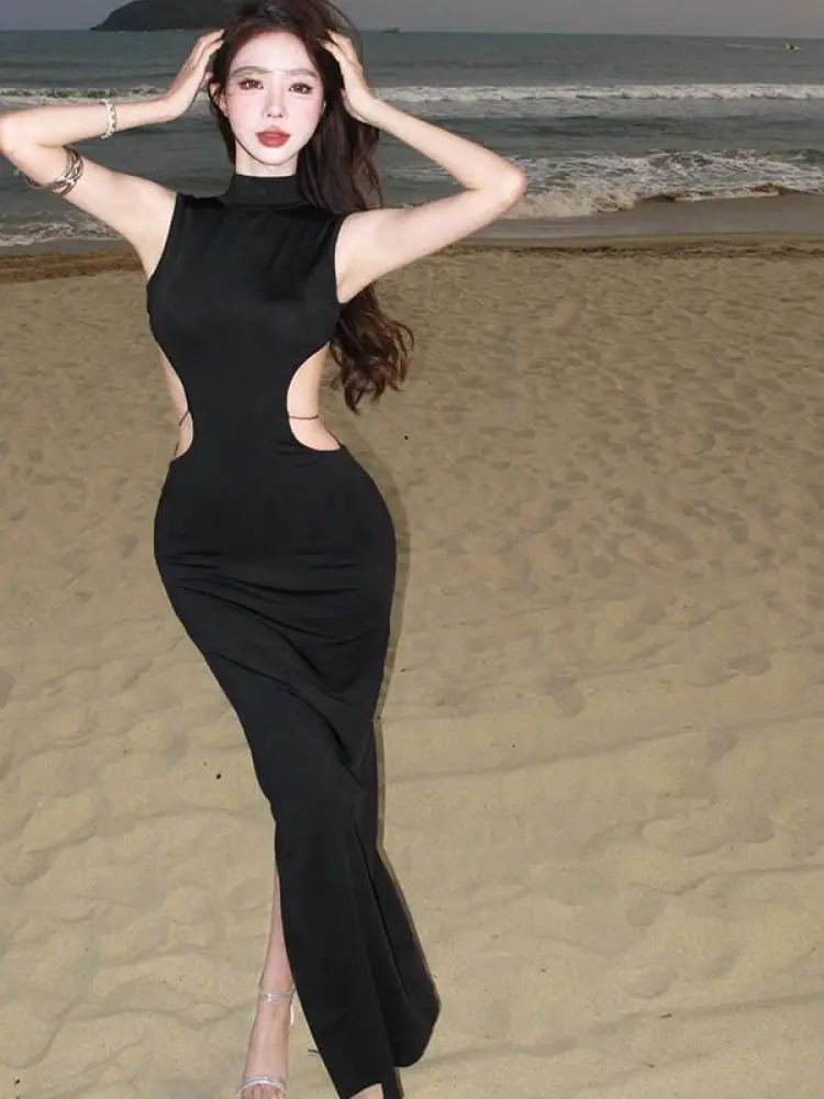

Korean Summer Black Half High Neck Elegant Sleeveless Hollow Out Long Dress Women Sexy Club Backless Holiday Slim Dress Popular