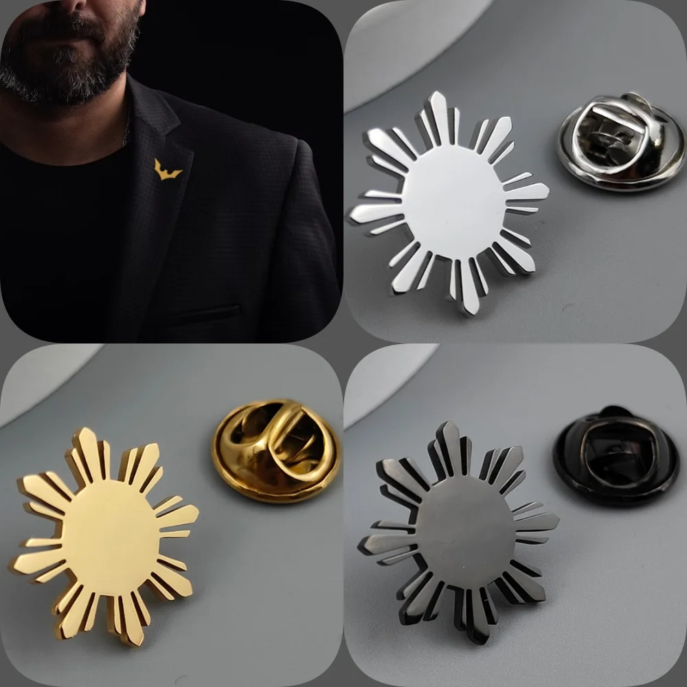 Sunflower gold-plated badge, suit lapel pin black silver stainless steel, men's collar brooch, Halloween gift