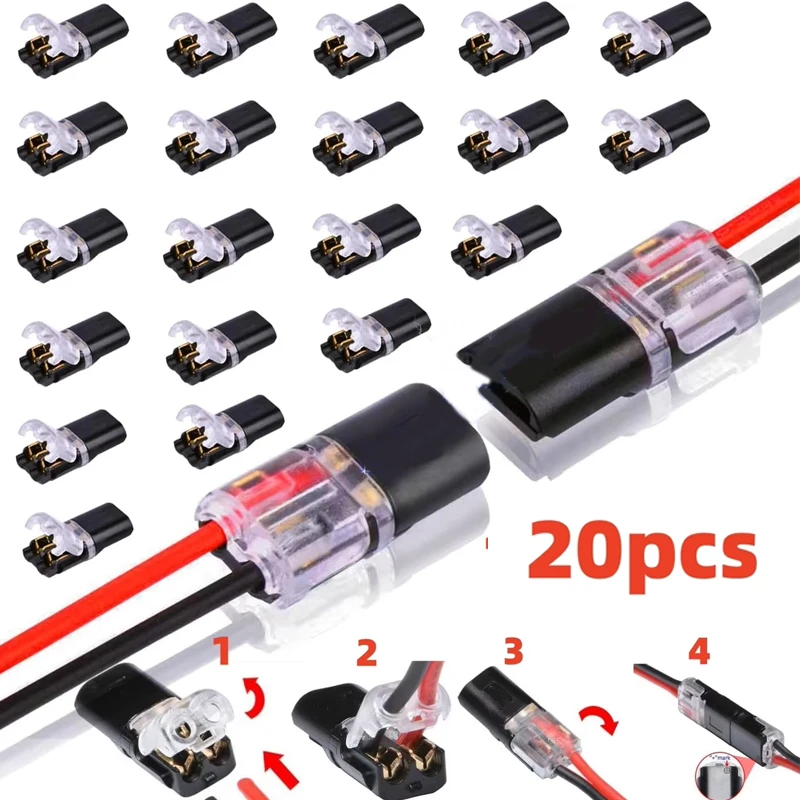 20pcs Double-Wire Plug-in Connector with Locking Buckle Pluggable LED Wire Connector 2 Pin 2 Way Universal Compact Wire