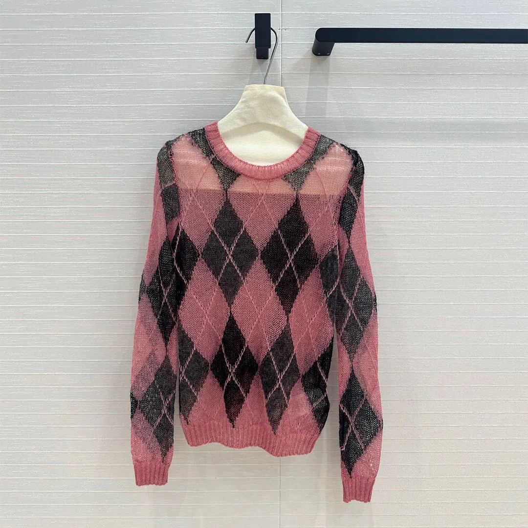 New Spring Wool Mohair Blends Knitted Pullover Women Argyle Pattern Preppy Style Soft Hollow Out Sweet Sweater