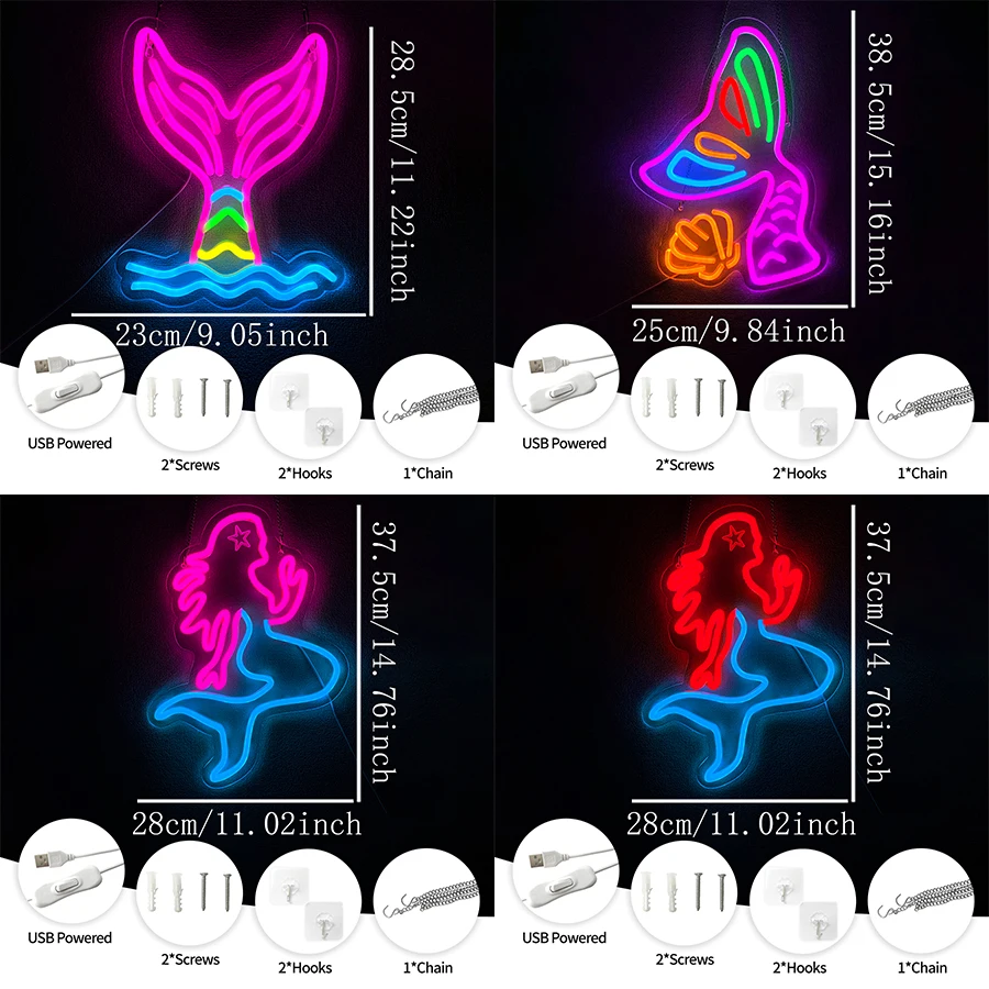 Animation Led Neon Lights, Mermaid Fishtail Icon Wall Decor, Bedroom Game Room Theme Party Home Signs, Girls Christmas Gifts.