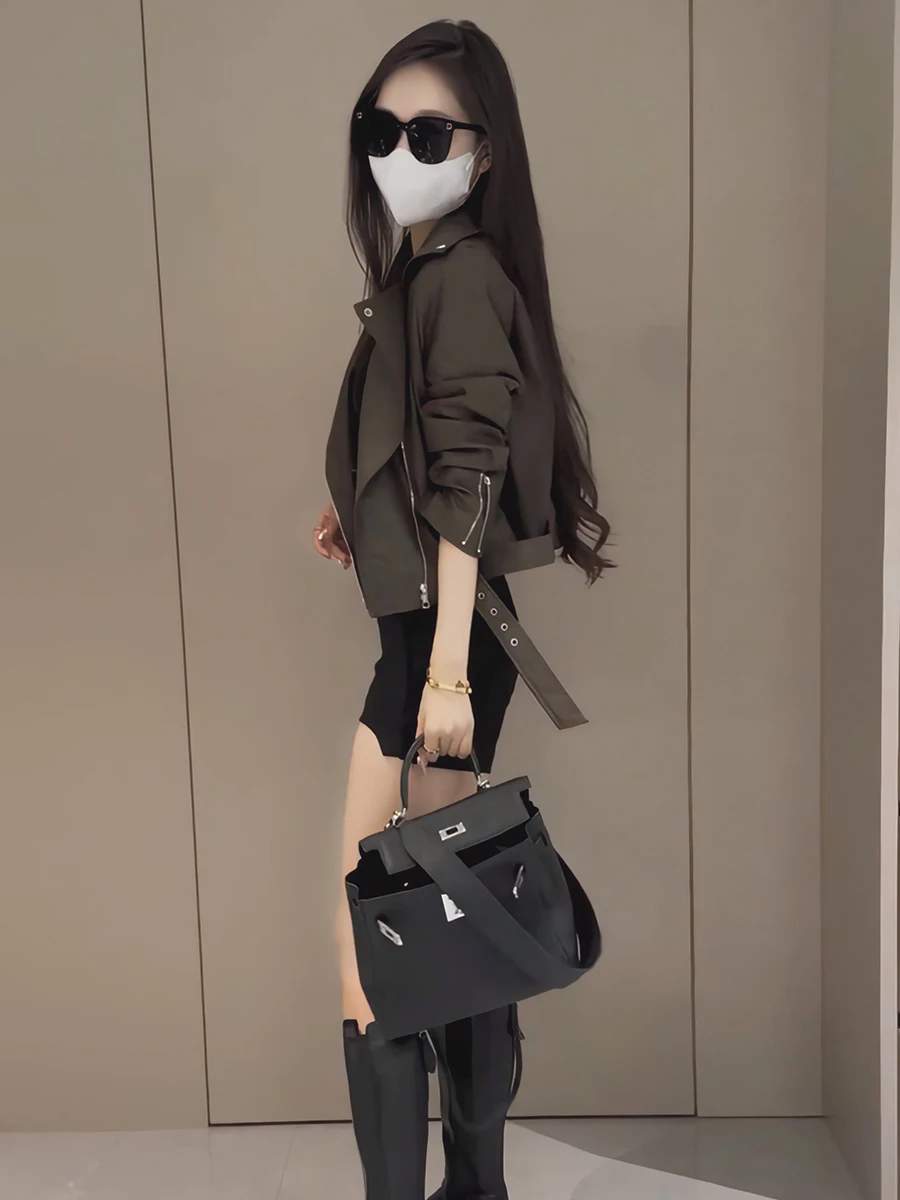 Retro Workwear lub Kurtka ze skóry PU Damska Wiosna 2026 Nowa Elegancka Luźna Uniwersalna Uliczna Bluzka Zapinana na Zamek