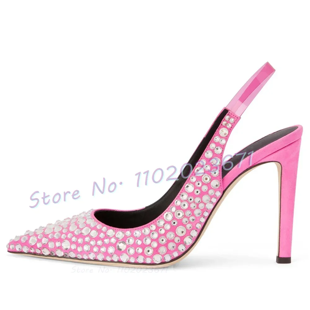 Crystal Pointy Slingback Sandals Women Outfit Pink Stiletto High Heels Shoes Elegant Office Lady Bling 2023 Summer Evening Shoes